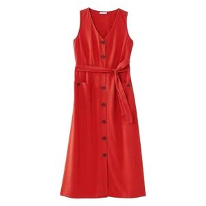 J.Jill NWT Linen Blend V-Neck Pomegranate Red Button Front Dress with Pockets